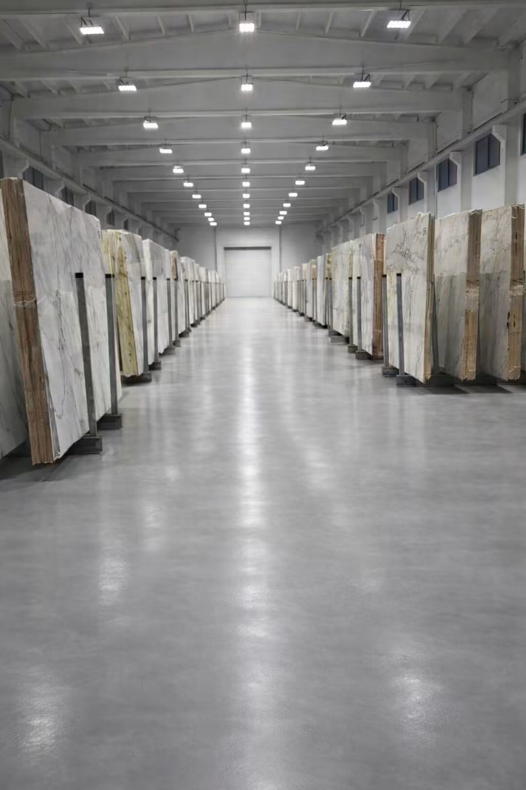 Esposizione di lastre di marmo in un magazzino con pavimento pulito e lucido